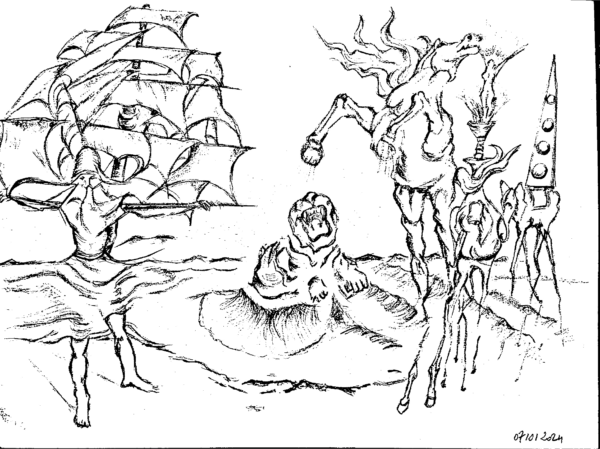 Arts Design - Compo : Navire et tentation St Antoine Inspiration Dali